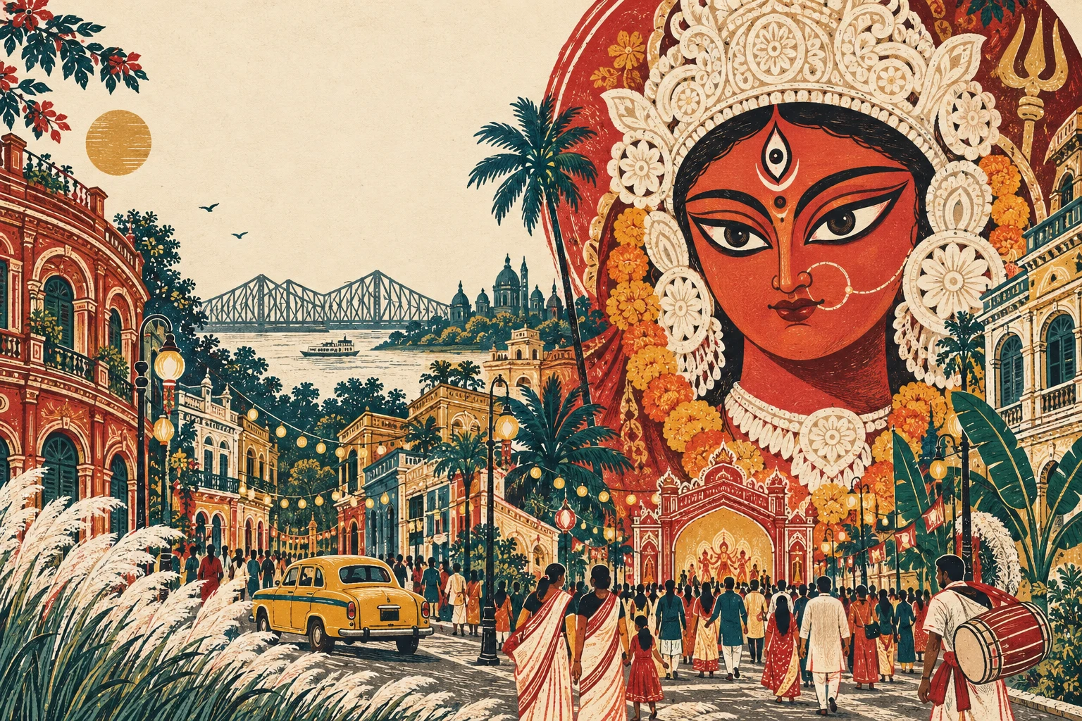 Original festival illustration of Durga and Kolkata; artistic interpretation